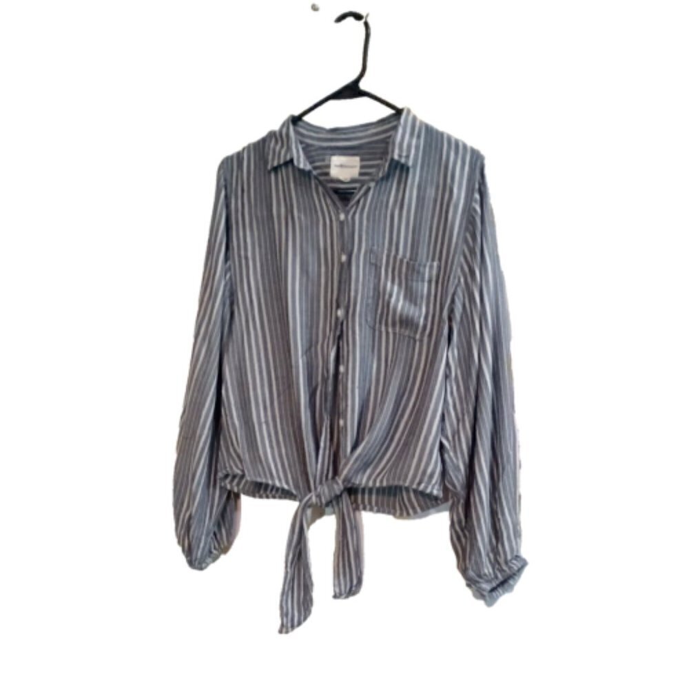 American Eagle Blouse Women's Small Blue Stripe AEO Tie Front Balloon Sleeve Top